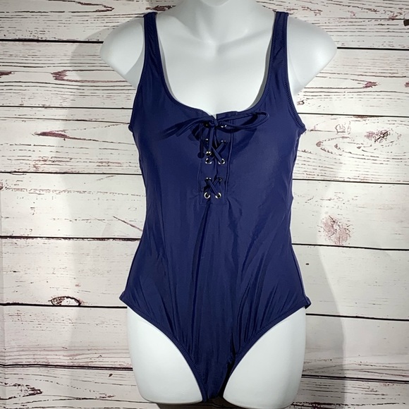 Mossimo Women's Lace Up One Piece Swimsuit Navy - Picture 2 of 6